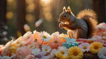 A squirrel among colorful flowers in a sunlit forest setting. photo