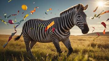 A zebra playfully runs through a field, surrounded by colorful confetti and balloons. photo