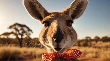 A close-up of a kangaroo wearing a colorful bow tie in a natural setting. photo