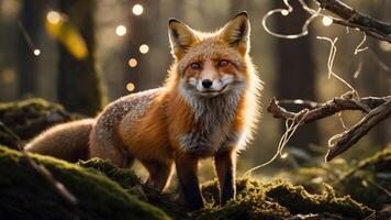 A fox stands amidst a forest, illuminated by soft lights, showcasing its vibrant fur. photo