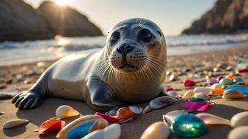 A seal resting on a beach adorned with colorful seashells and pebbles, illuminated by sunlight. photo
