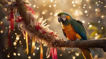 A vibrant parrot perched on a branch adorned with colorful ribbons, illuminated by soft light. photo