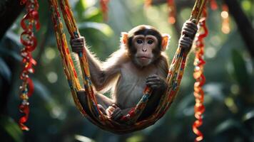 A young monkey relaxes in a colorful hammock amidst lush greenery. photo
