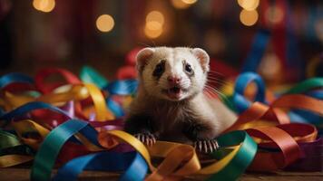 un juguetón hurón rodeado por vistoso cintas, evocando un festivo atmósfera. foto