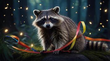 A raccoon sits on a mossy rock, adorned with colorful ribbons, in a magical forest setting. photo