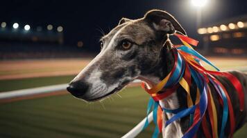 A greyhound adorned with colorful ribbons at a racetrack, celebrating a victory. photo