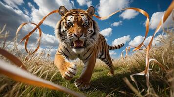 A tiger charges through a field, ribbons trailing behind it under a bright blue sky. photo