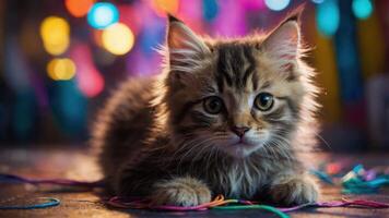 A playful kitten surrounded by colorful strings and vibrant lights. photo