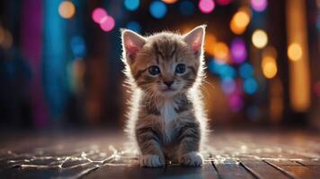 A cute kitten poses playfully against a colorful, blurred background of lights. photo