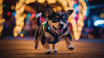 A playful puppy runs joyfully in a festive setting with colorful lights. photo