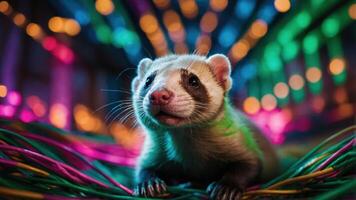 A close-up of a ferret surrounded by colorful lights and vibrant wires. photo