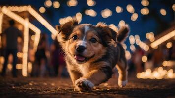 A playful puppy runs joyfully through a festive setting adorned with lights. photo
