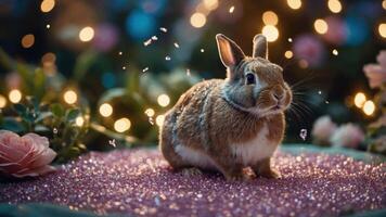 A cute rabbit surrounded by flowers and sparkling decorations in a whimsical setting. photo