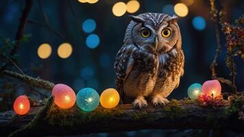 An owl perched on a branch with colorful decorative eggs and lights in a forest setting. photo