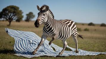 A zebra playfully runs on a striped blanket in an open field. photo