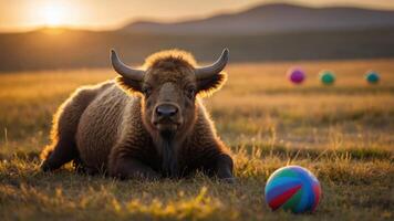 A bison rests in a field with colorful balls in the background at sunset. photo