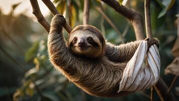 A sloth hanging contentedly from a branch in a lush green environment. photo