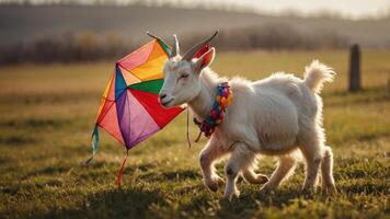 A playful goat runs with a colorful kite in a sunny field. photo