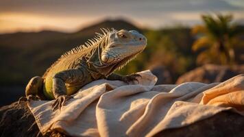 A close-up of an iguana resting on a cloth in a natural setting during sunset. photo