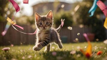 A playful kitten runs through a garden, surrounded by colorful ribbons and flowers. photo