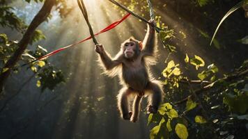 A monkey swings through a sunlit forest, highlighting the beauty of wildlife in nature. photo