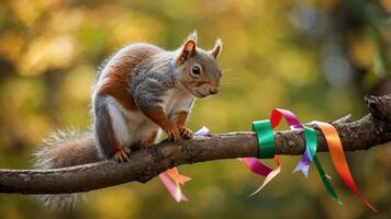 A squirrel perched on a branch with colorful ribbons in a natural setting. photo
