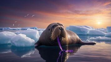 A walrus resting on ice in a serene arctic landscape at sunset. photo