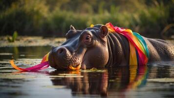 A hippo adorned with colorful ribbons swims in a serene water setting. photo