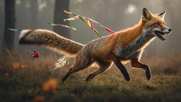A lively fox runs through a misty forest, adorned with colorful ribbons trailing behind. photo