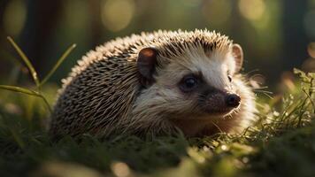 A close-up of a hedgehog resting in grass, surrounded by soft, natural light. photo