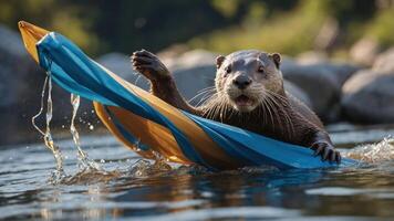 An otter joyfully plays with a colorful fabric in a serene water setting. photo