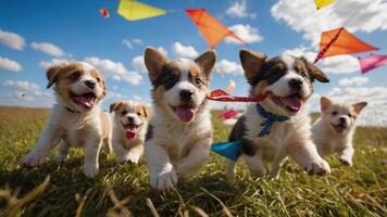 A playful group of puppies running joyfully in a grassy field under a bright blue sky. photo
