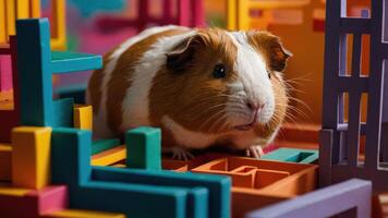 A guinea pig exploring a colorful geometric maze made of blocks. photo