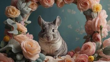 A chinchilla surrounded by pastel flowers in a decorative setting. photo