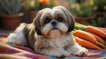 A Shih Tzu dog rests beside fresh carrots on a colorful blanket in a sunny outdoor setting. photo