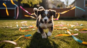 A playful puppy running through a yard, surrounded by colorful streamers. photo