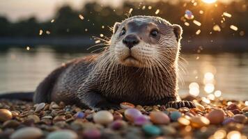 A playful otter on a pebbled shore, illuminated by sunlight. photo