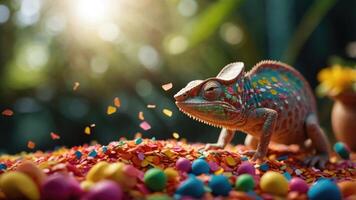 A colorful chameleon surrounded by vibrant confetti and candy-like objects in a natural setting. photo