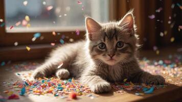 A playful kitten lying on a surface scattered with colorful confetti. photo