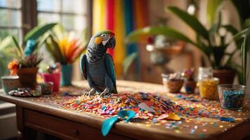A colorful parrot stands on a table covered in vibrant confetti and craft materials. photo