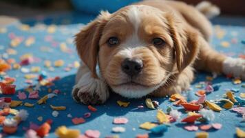 A playful puppy resting on a colorful surface scattered with confetti. photo