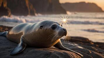 A seal lounging on a rocky beach at sunset, with sunlight reflecting off its whiskers. photo