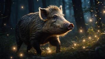 A wild boar illuminated by soft light in a mystical forest setting. photo
