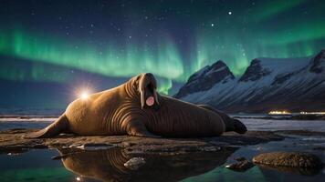A walrus resting under the northern lights with mountains in the background. photo