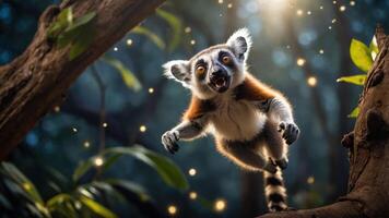 A playful lemur leaps through a vibrant forest, illuminated by soft, magical light. photo
