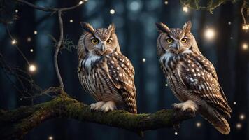 Two majestic owls perched on a mossy branch in a mystical forest setting. photo