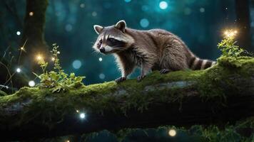 A raccoon perched on a mossy log in a mystical forest with glowing lights. photo