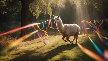 A playful llama runs through a sunlit field adorned with colorful ribbons. photo