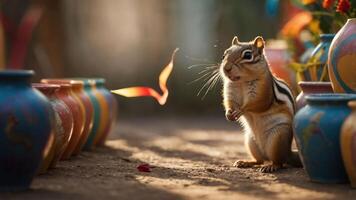A chipmunk stands amidst colorful pots, interacting with a swirling ribbon in a vibrant setting. photo