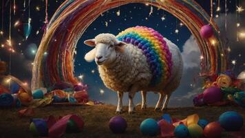 A whimsical sheep adorned with a rainbow pattern stands under a colorful rainbow backdrop. photo